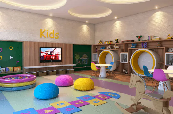 Brinquedoteca para crianças em ambiente escolar com áreas de brincar e aprender