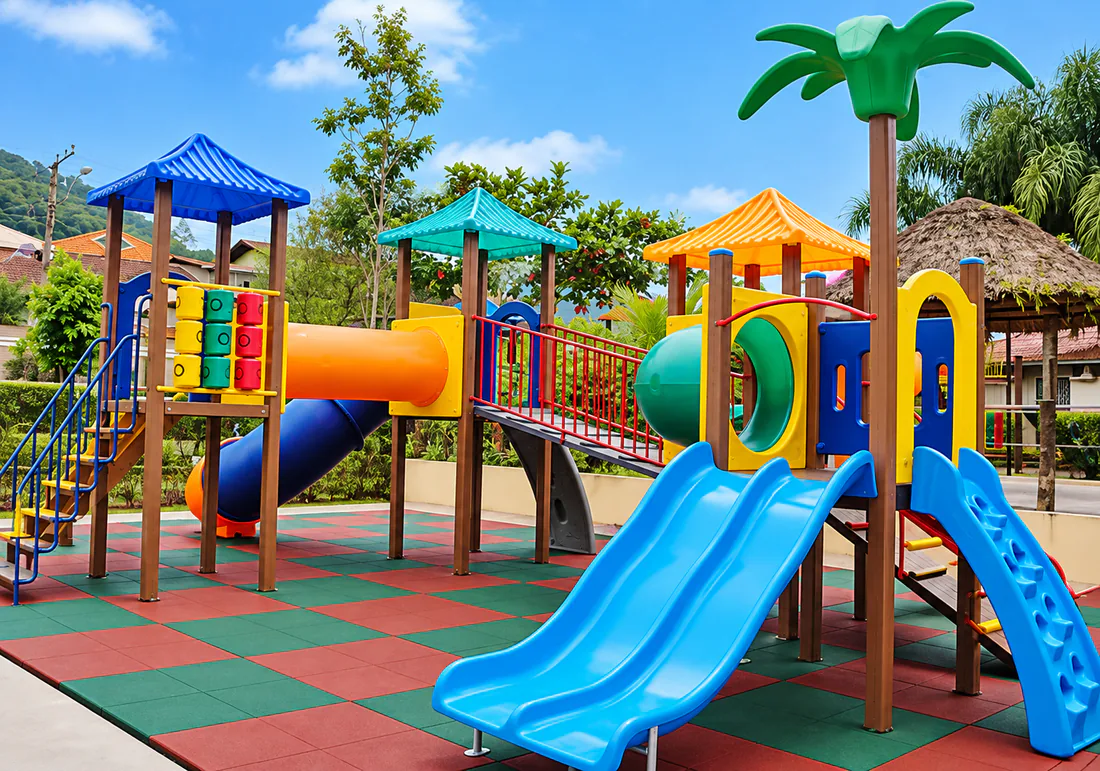 Playground de projeto empresarial com circuito integrado e equipamentos coloridos