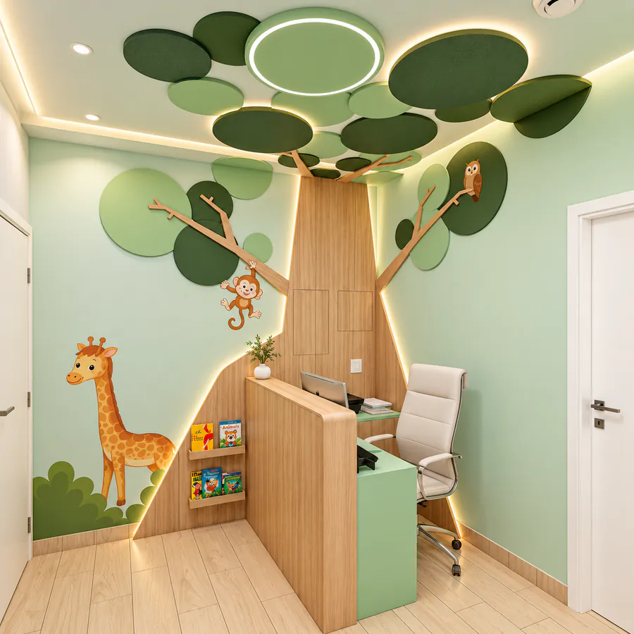 Projeto de consultório infantil com arquitetura temática inspirada na natureza