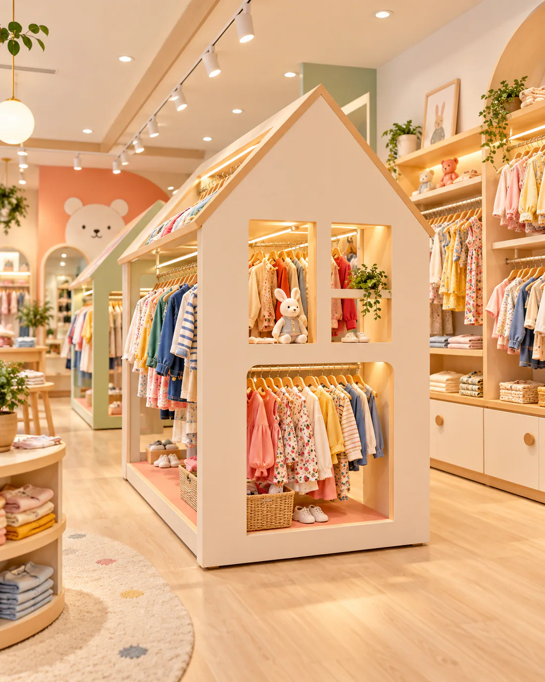 Projeto de loja infantil com mobiliário em formato de casinha e exposição de roupas para crianças